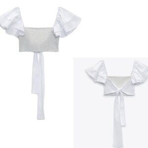 Zara white voluminous ruffle frill sleeve smocked open back crop top back tie L